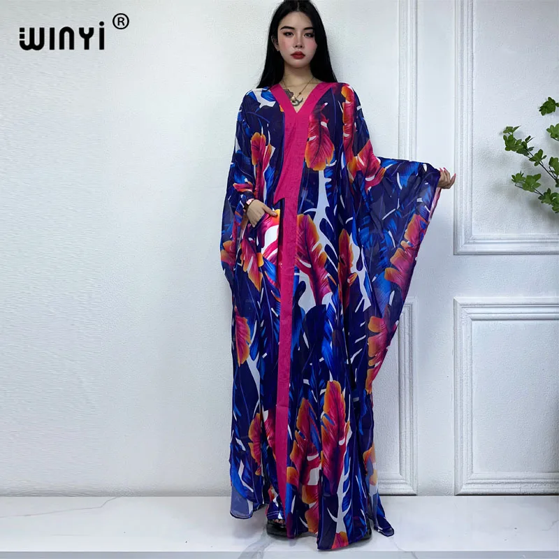 

WINYI 2025 two-piece suit Boho Printed kimonos verano Batwing Sleeve sukienka Women Elastic Silk Floor Length New Fashion kaftan
