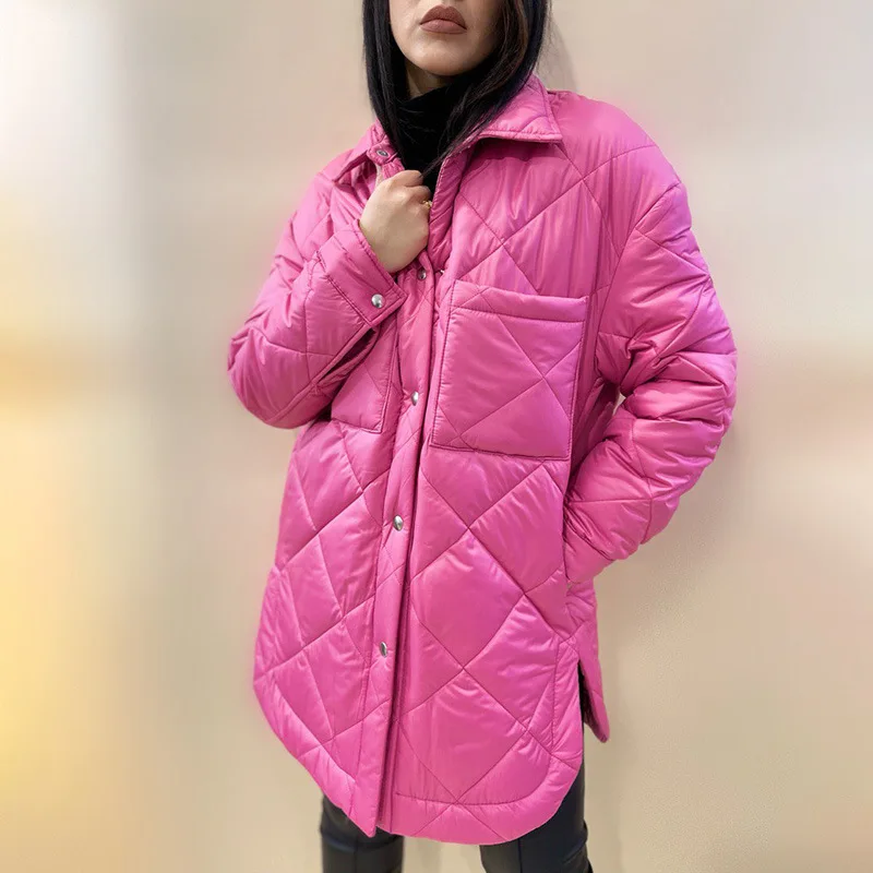 Lugentolo-abrigos y chaquetas de invierno para mujer, chaqueta acolchada con solapa, longitud media, a cuadros de diamantes, con botonadura única