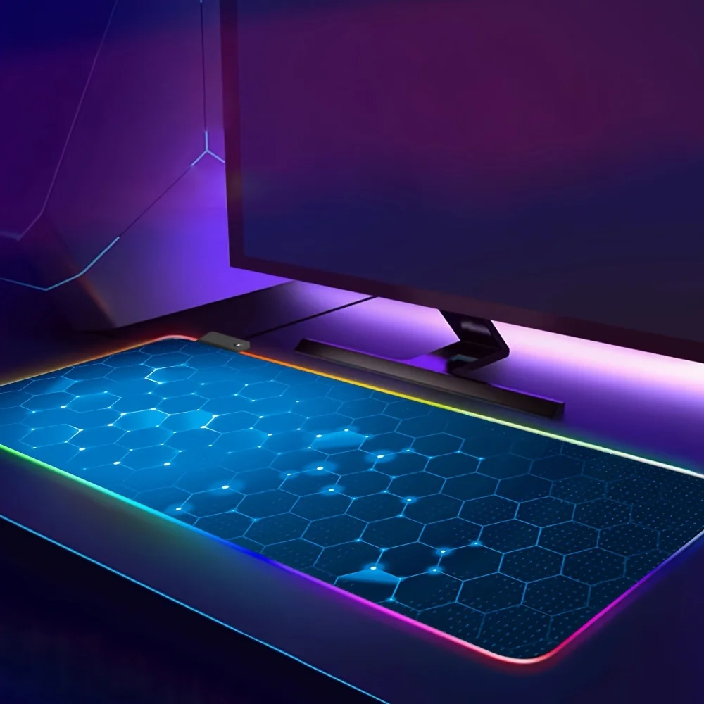 

Коврик для мыши с синим узором в виде сот - RGB-коврик с LED-подсветкой и прошитыми краями, игровой аксессуар для геймеров