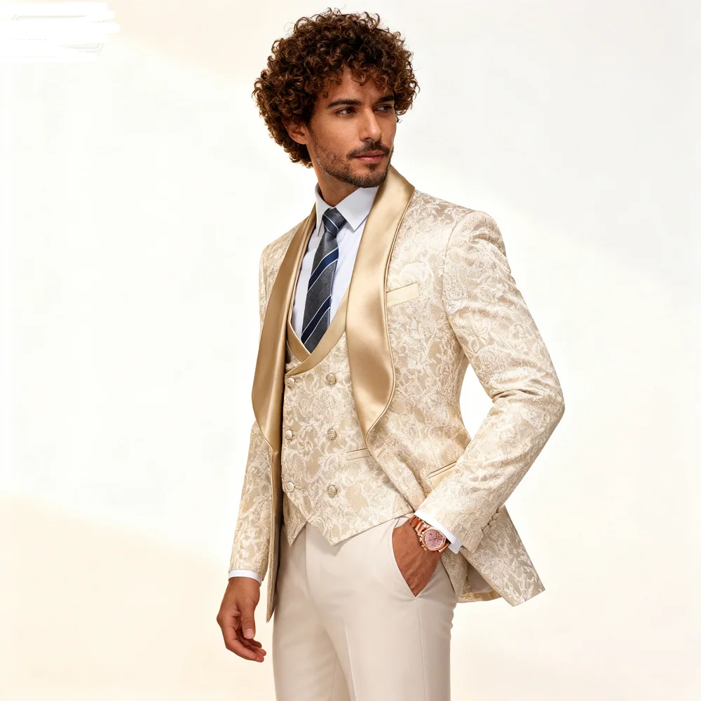

Champagne Jacquard Blazer for Men, 3 PCs Smoking, Formal Masculino, Fajuste Xale, Champagne