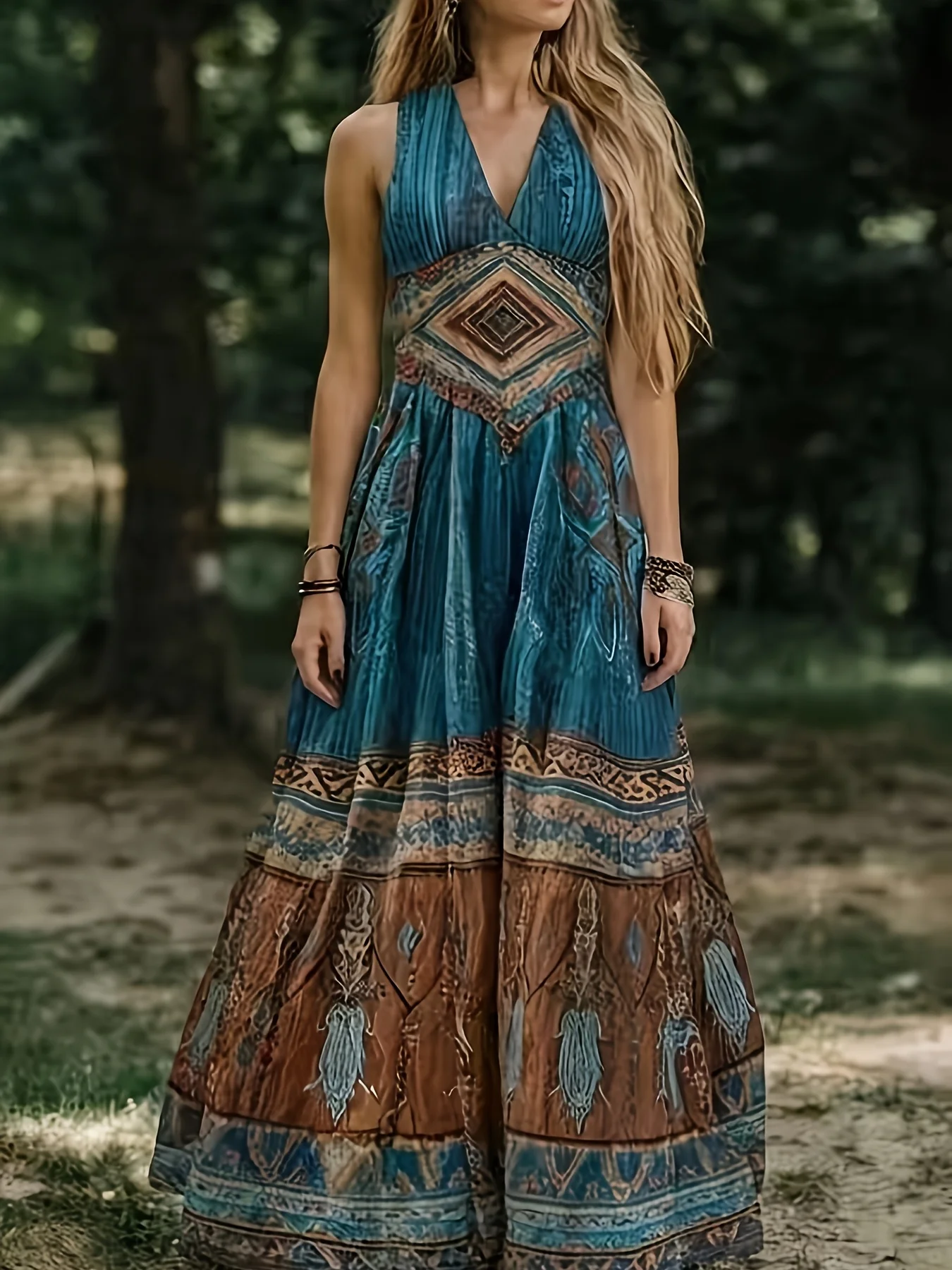 Ethnic Fashion Wear - プリントデザインの夏用レディースレトロVネックノースリーブロングドレス - ボヘミアンスタイル、休暇旅行、音楽フェス、田舎のピクニック、海辺の散歩に最適