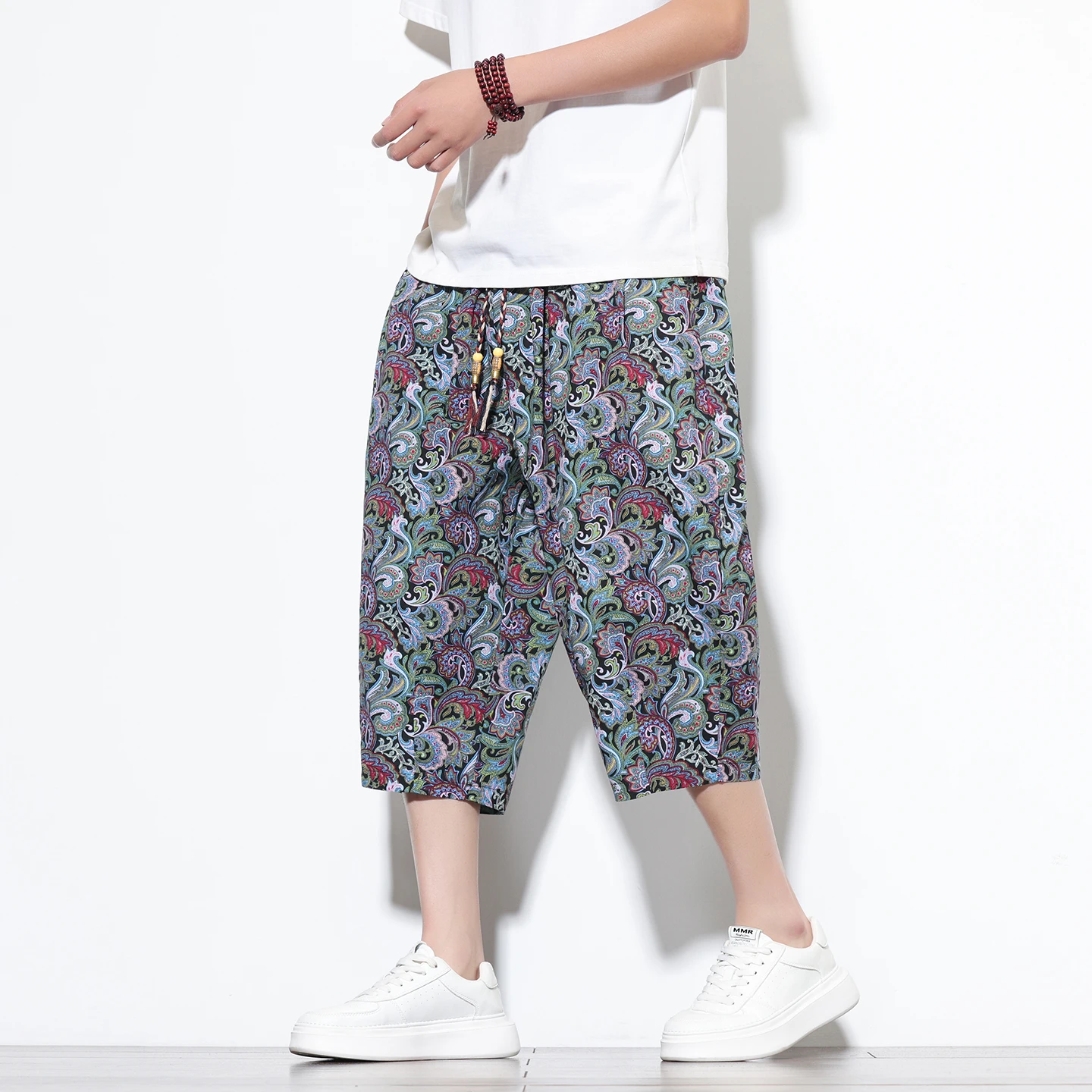 

2026 Summer Men Harajuku Beach Shorts Men Retro Chinese Style Print Wide Leg Pants Joggers Harem Pants Male Calf-Lenght Trousers