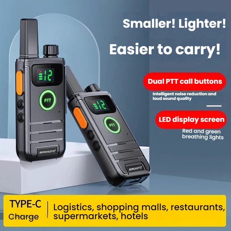 Slim Walkie Talkie 2 Pack Type-C Fast Charge 2 Way Radio Long Range VOX Portable Handheld for Business Office Hotel Security