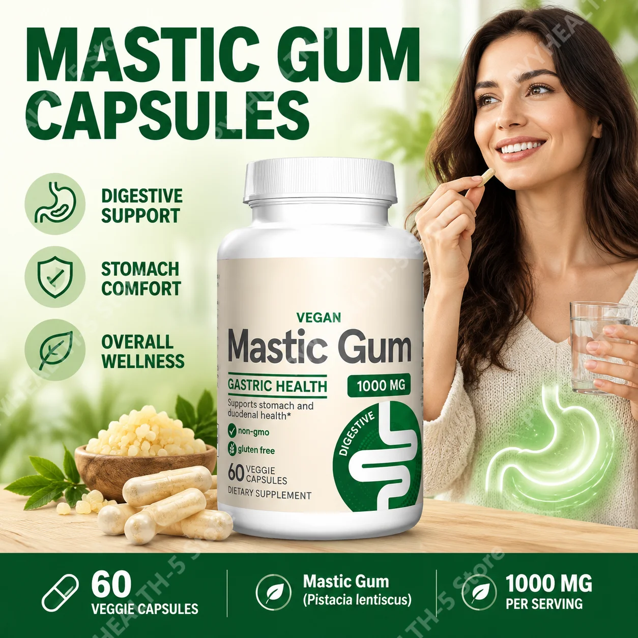 Mastic Gum Capsules Supports Gastric & Digestive Health Stomach and Duodenal Health, Vegan Gluten Free, 60 Vegetarian Capsules