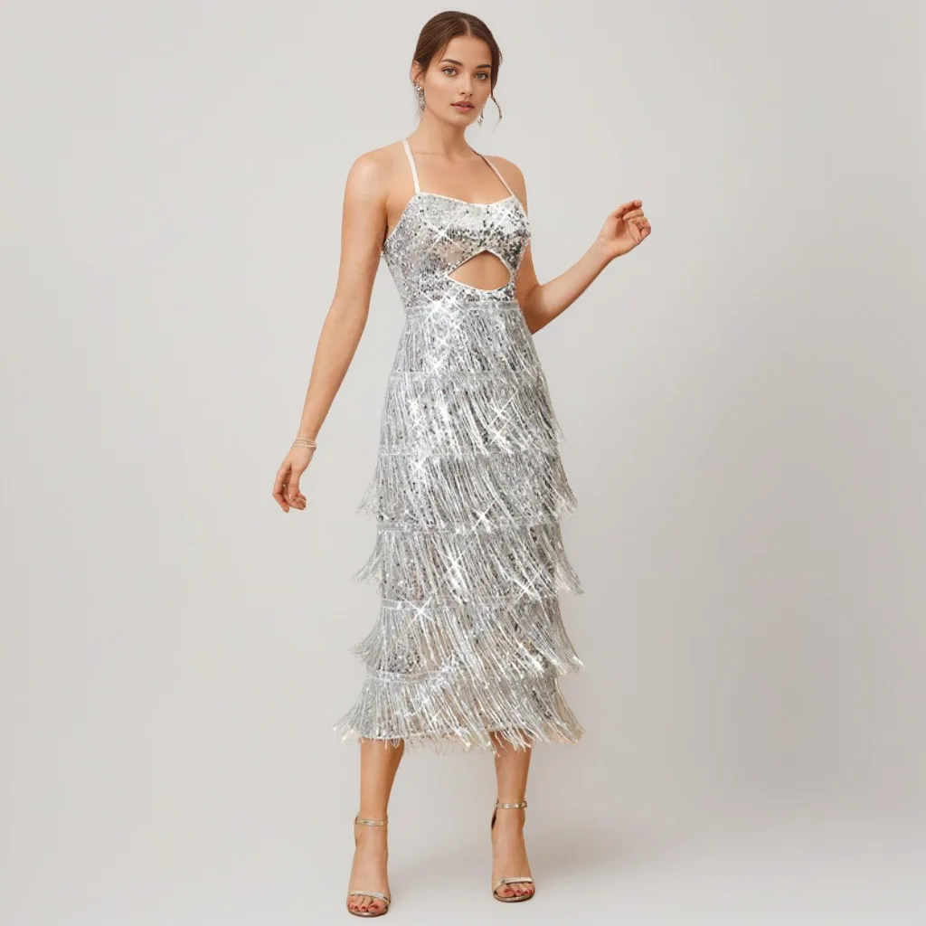 Abiti da sera da cocktail party con spacco posteriore a vita alta con bretelle in paillettes tinta unita Abito medio e lungo Vestido