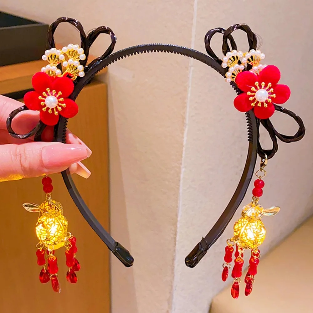 

Glowing Hanfu Wig Headband Flower Tassel Plush Lion Luminous Lantern Headband Chinese Style Red New Year Headdress Children