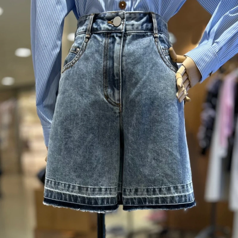 

High Waist Loose Fit Retro Sle Korean Faion Spring Summer Denim orts Versatile Casual High Waist Wide Leg Pants
