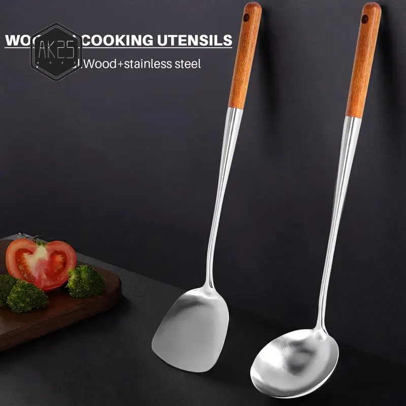 

AK25-длинная ручка, шпатель для вока из нержавеющей стали, кухонный токарный станок с прорезями, ложка для риса, ковш, инструменты для приготовления пищи, набор посуды
