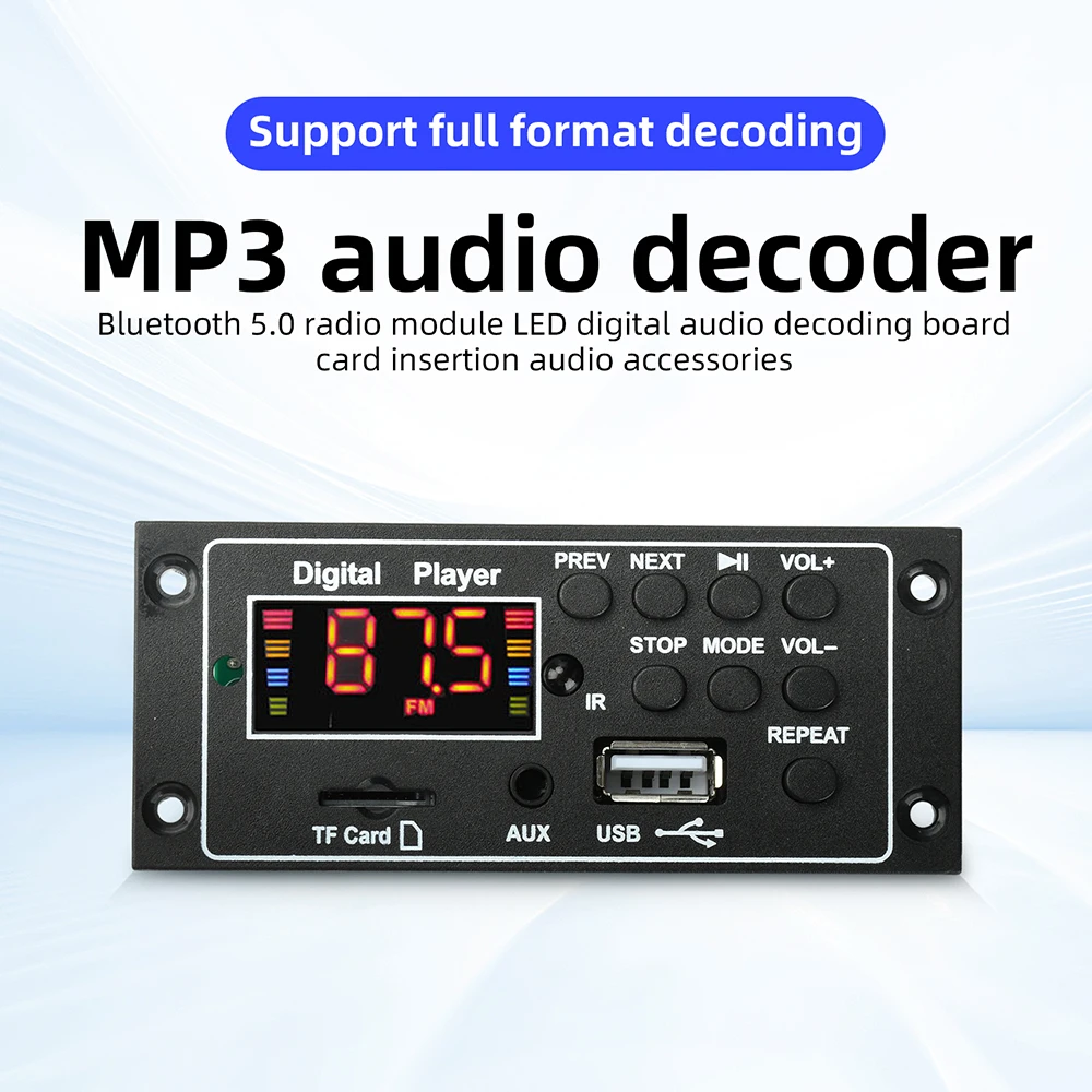 Bluetooth 5.0 MP3 Decoder Board Audio Player DC 12V DIY MP3 Player Car FM Radio Module TF USB AUX Record Audio System Accessory