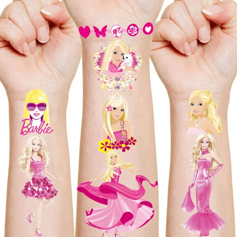 Pegatinas de tatuaje de Barbie para niñas, calcomanías impermeables de dibujos animados rosas, decoración de fiesta de Cosplay, regalos de Navidad