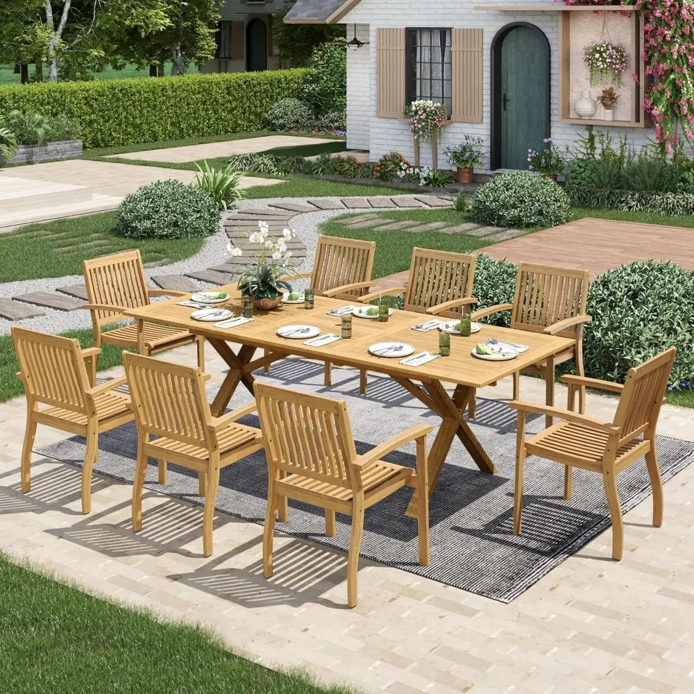 Expandable Acacia Wood Outdoor Dining Set with Umbrella Hole and Eight Chairs for Patio Deck Poolside