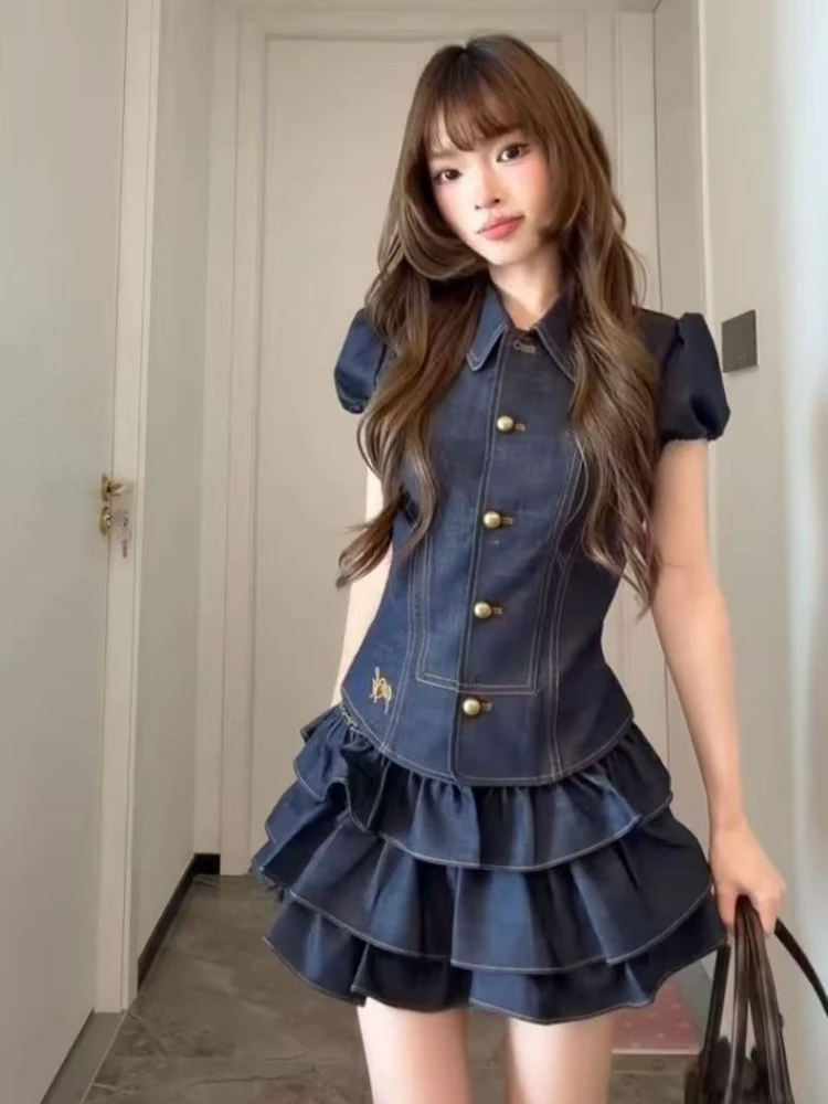 Conjunto de 2 piezas de moda coreana para mujer: Falda vaquera con volantes y cuello Peter Pan, manga abullonada, cintura alta, estilo Harajuku para uso diario.