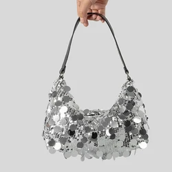 Fashion Sequins Half Moon Women Shoulder Bags Shinny Handbags Luxury Silver Crossbody Bag Bling Summer Armpit Bag 2024