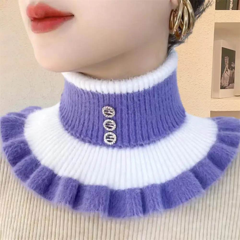 

Fake Collar Elegant Winter Scarf with Ruffle Rhinestone Decor Stylish Knitted Neck Warmer for Women Warm Windproof Thermal Scarf