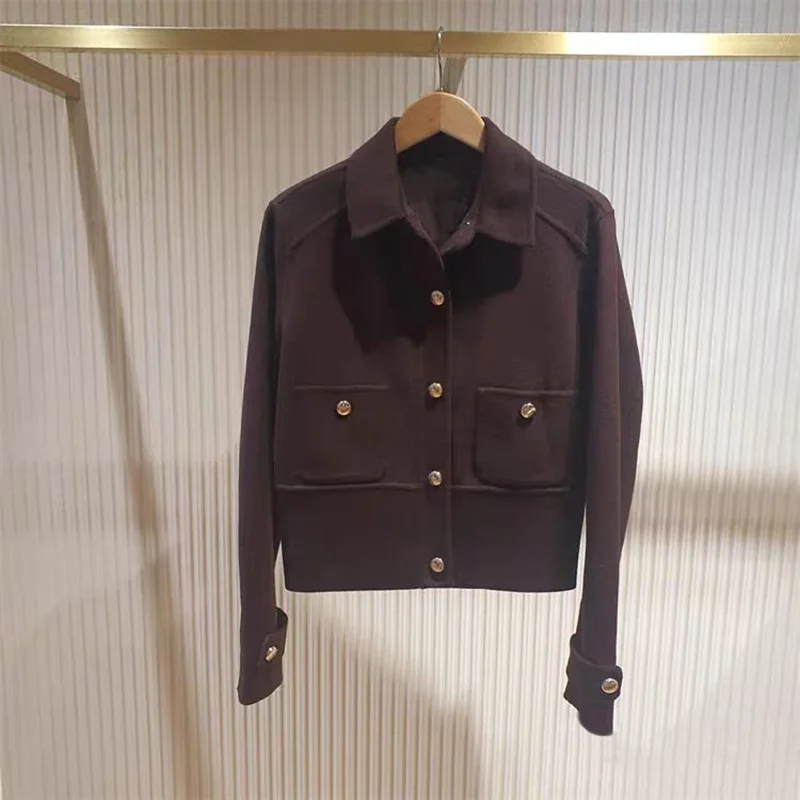 

【Подарок бесплатно】Двойная шерстяная винтажная коричневая куртка ручной работы с ребристой талией и воротником-поло для более высокого силуэта