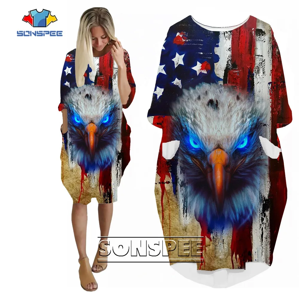 

SONSPEE Bald Eagle Graphic 3D Printed Dress America National Flag Pattern Long Sleeve Lady Personality Hip Hop Street Robe