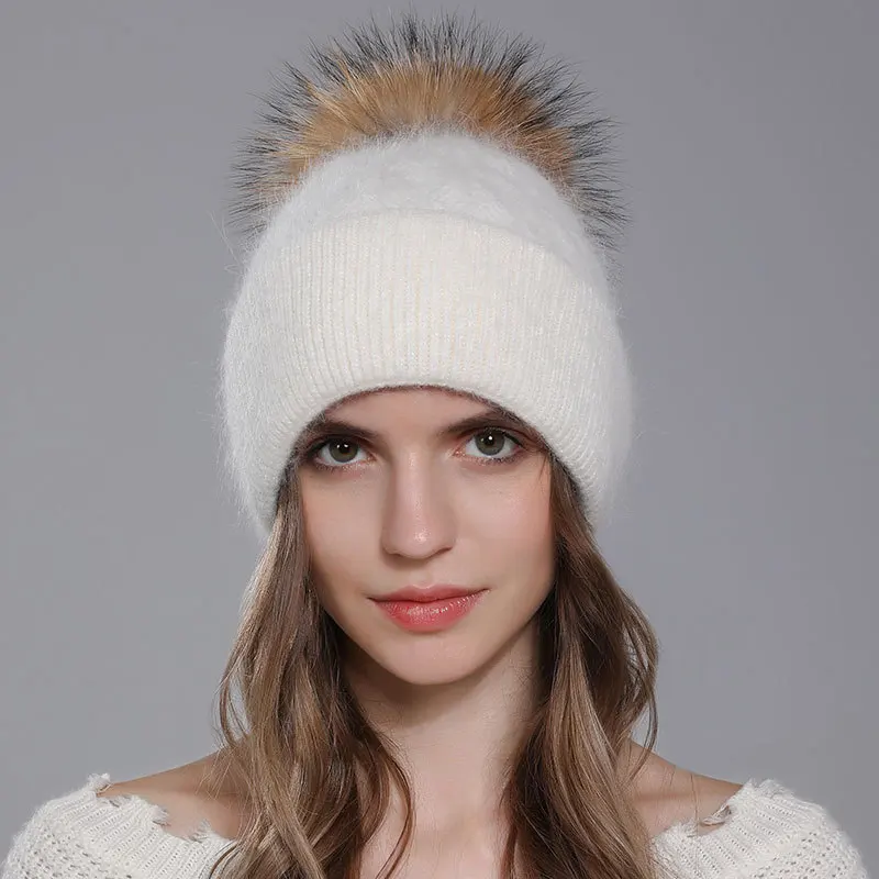 Women's Angora Rabbit Hair Knitting Hat Winter Fried Dough Twists double-layer Flanging Wool Hat Raccoon Dog Fur Wool Ball 4m864