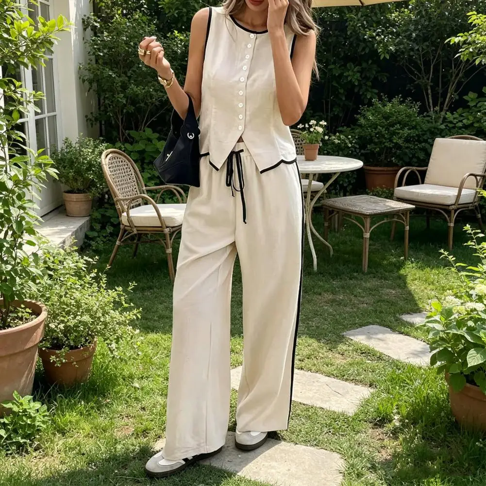 Women Summer 2 Piece Outfits Sleeveless Button Down Vest Wide Leg Pants Sets Casual Business Work Matching Set Женская Одежда