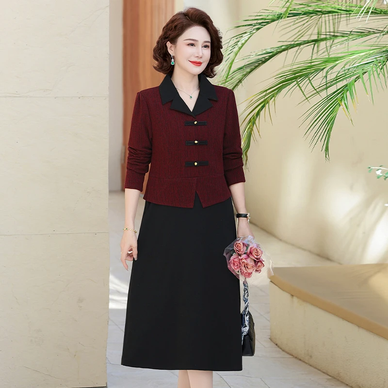 

Fashion Autumn Winter Office Lady Patchwork Turn-down Collar Midi Dress Ladies Temperament Buttons Long Sleeve Slim A-line Skir