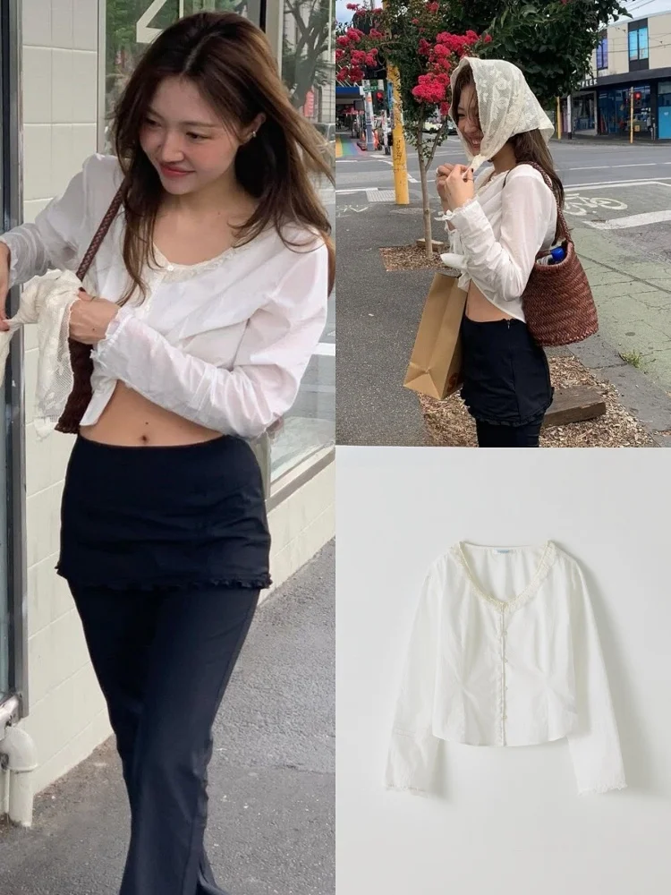 

Элегантная женская рубашка с V-образным вырезом, однотонная, с кружевной отделкой, повседневный стиль, длинный рукав, хлопок, весна-лето, новинка