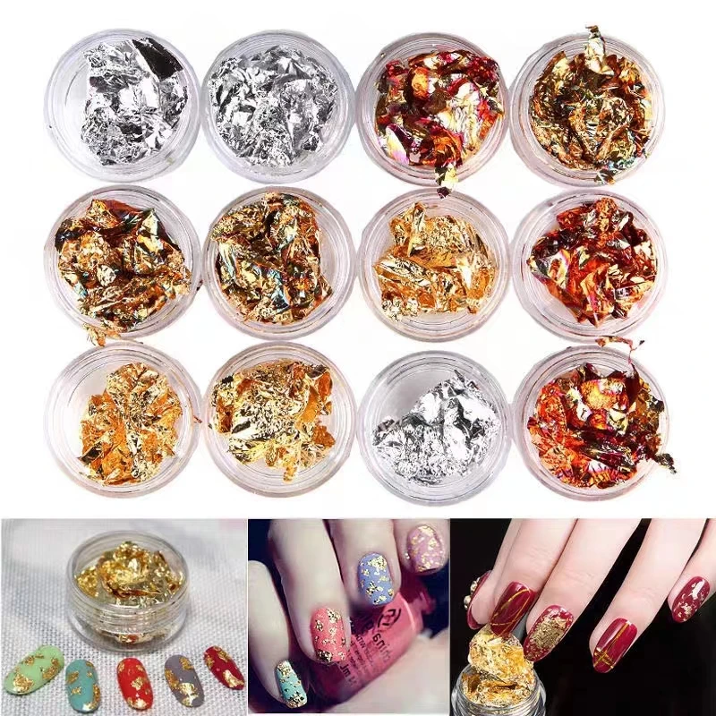 1 Box Ouro Prata Irregular Folha De Alumínio Papel Nail Art Sticker 3D Glitter DIY Manicure UV Gel Polonês Nail Decoração Ferramentas