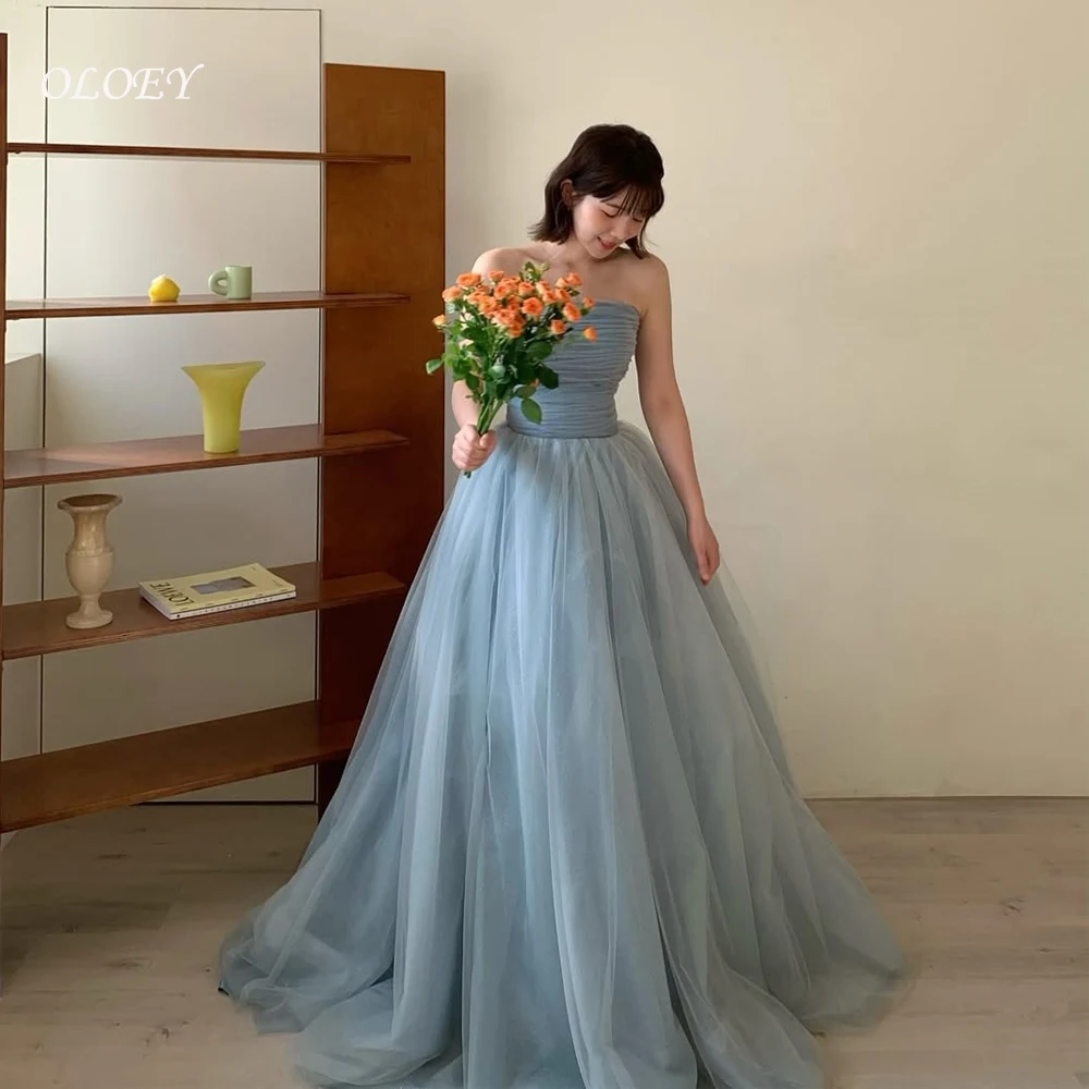 

OLOEY Simple Dusty Blue Soft Tulle Korea Prom Dresses Customised Strapless Lace Up Evening Gowns Wedding Photo shoot