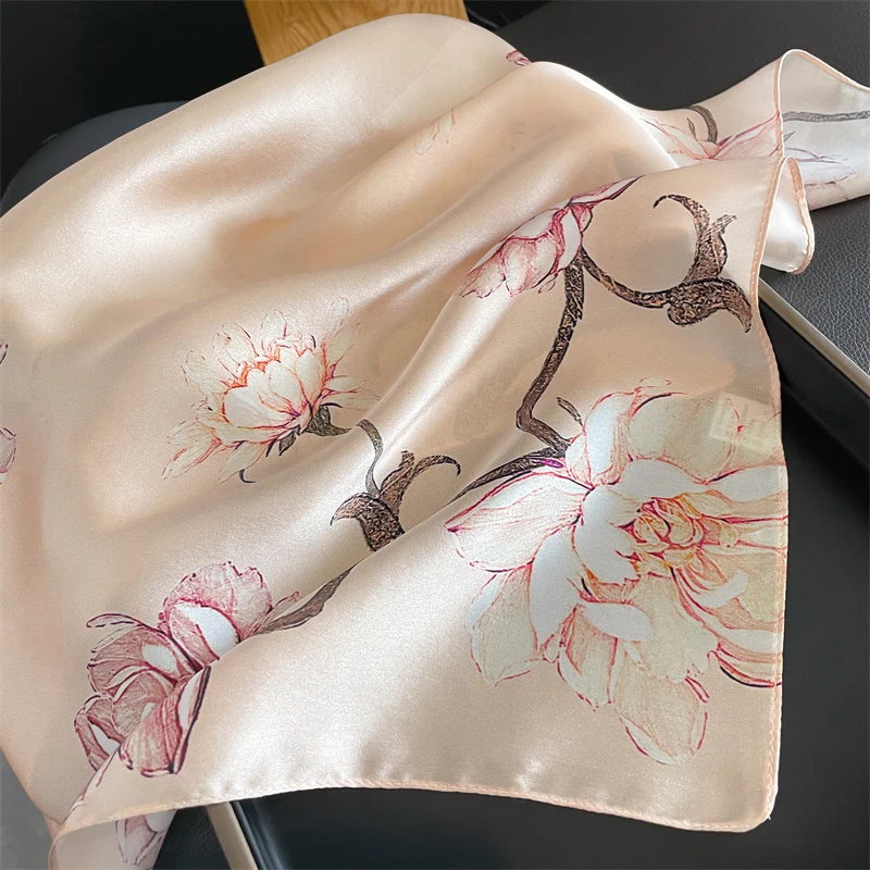 100% Real Silk Square Scarves Women Bandana High Quality Floral Printed Foulard Hair Tie Soft Neckerchief