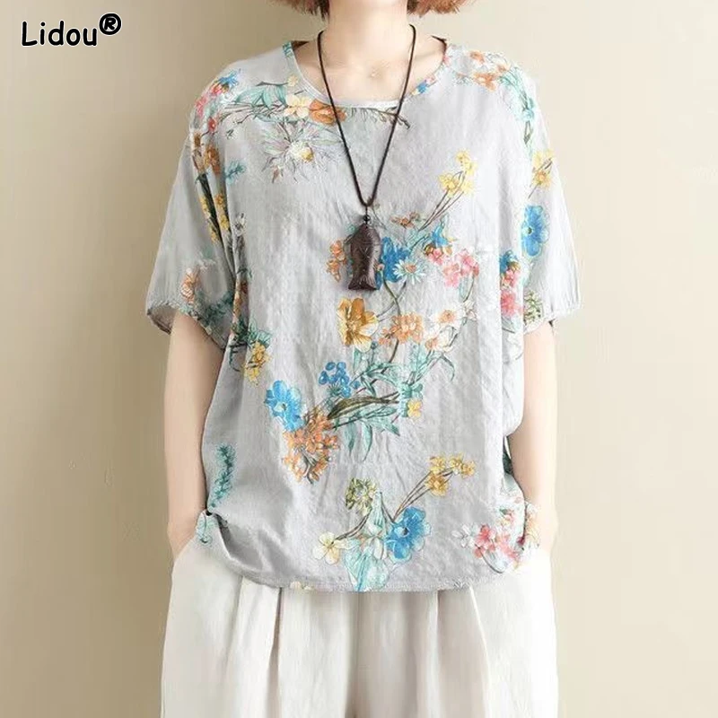 

Floral Comfortable Chinese Style Vintage T-Shirts Elegant Pullovers Fashion Printing Short Sleeve Round Neck Women's Clothing