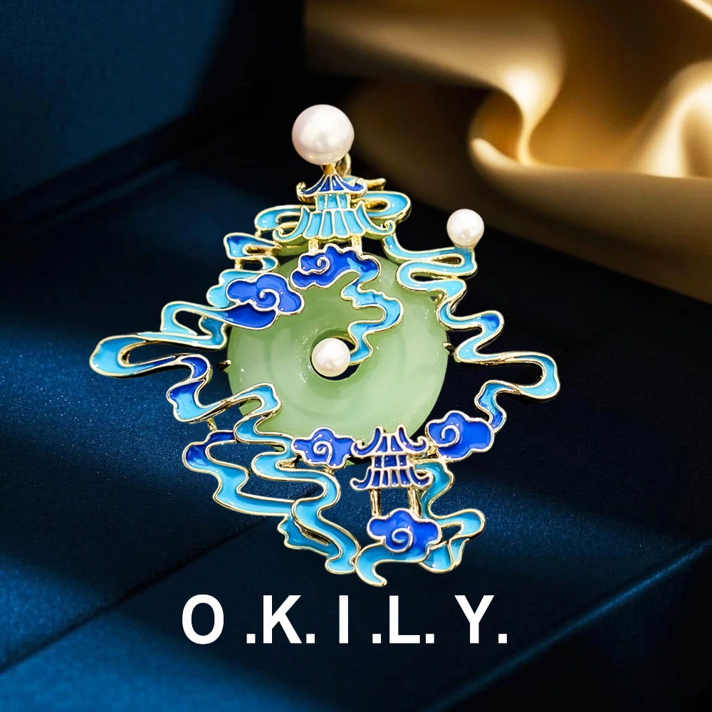 OKILY Antique and Elegant Chinese Court Building Brooch Atmosphere Imitation Jade Retro Pins Coat Accessories for Women Jewelry