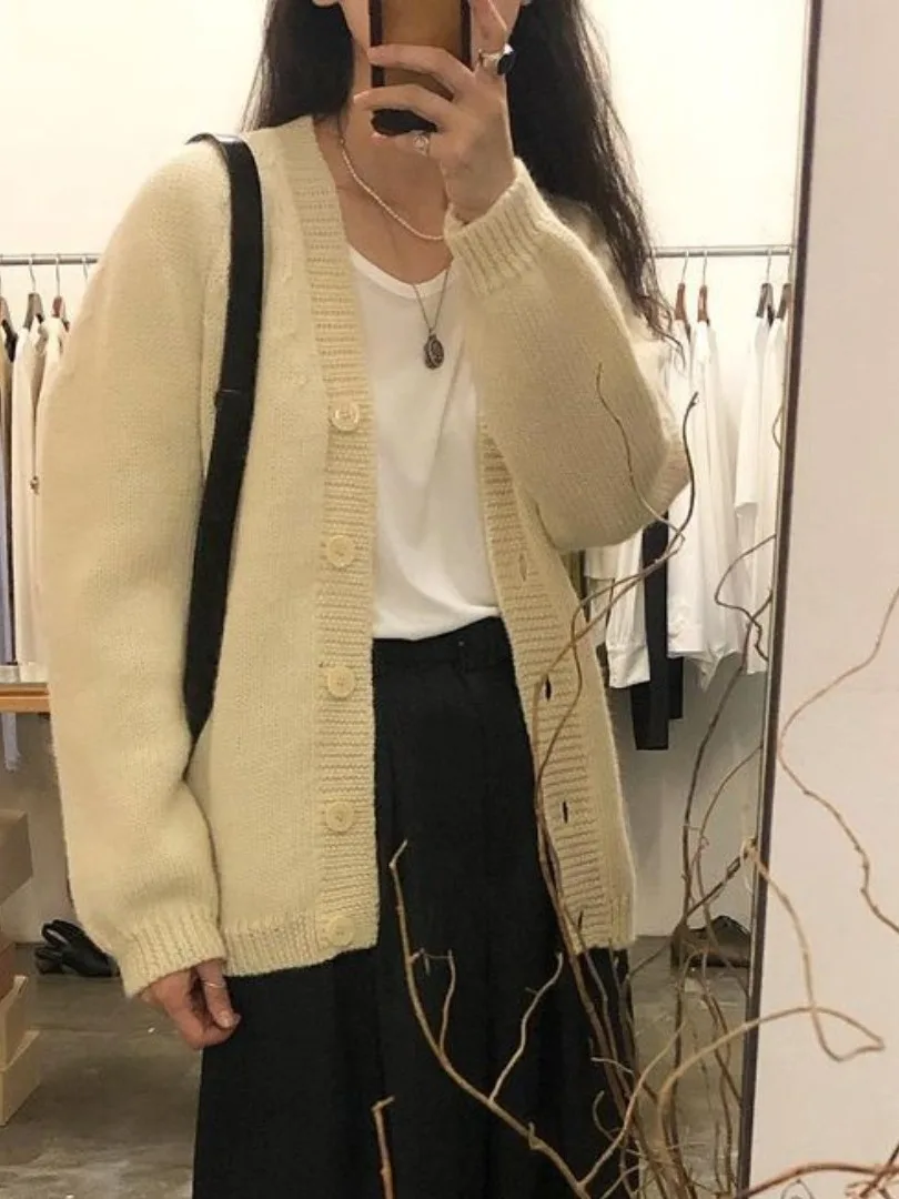 ルーズ長袖ニットオープンカーディガン女性の秋冬薄手のアウター V ネック多用途トップファッショナブルな怠惰なスタイル