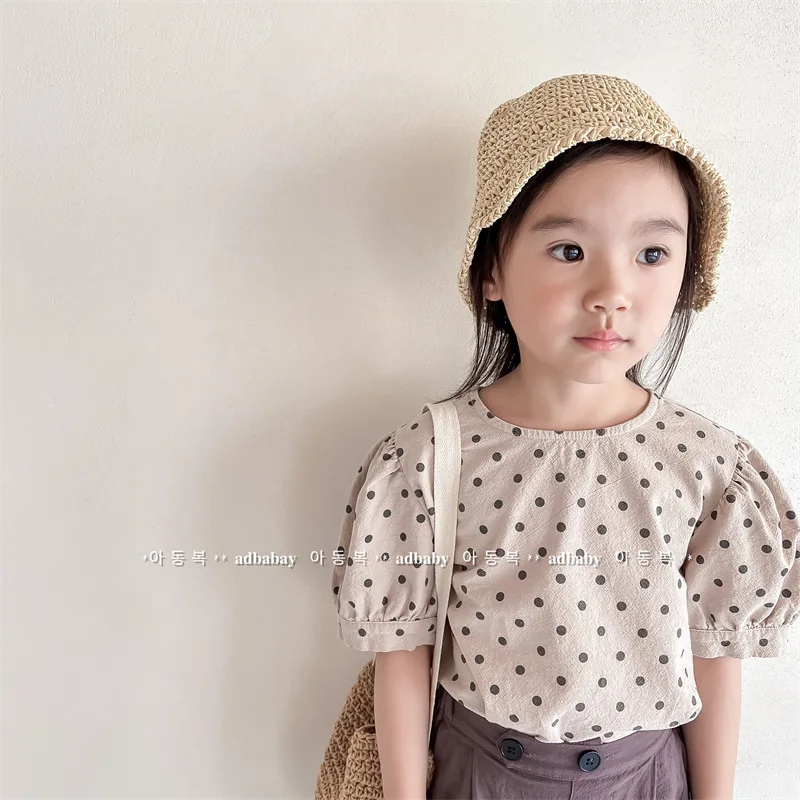 2024 Summer Korean Style Linen Short Sleeve Shirt for Girls New Arrival Bubble Sleeve Blouse with Cotton  blouse