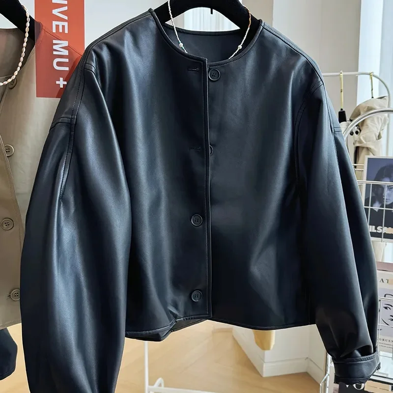 سترة جلدية سترات نسائية عالية الجودة قصيرة سوداء سترة واحدة الصدر شعبية هذا العام مع معطف جلد ريترو المرأة