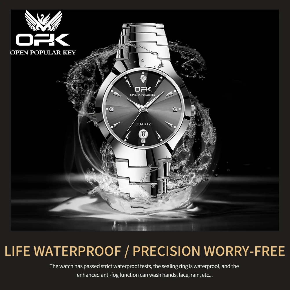 ساعة OPK 8105 للرجال بتصميم ماسي مقاومة للماء كوارتز للتاريخ للرجال بحزام من الفولاذ المقاوم للصدأ ساعة أصلية