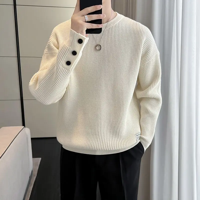 Coreano nuovo autunno e inverno maglioni uomo o-collo solido bottone tendenza moda Casual sciolto manica lunga pullover lavorato a maglia