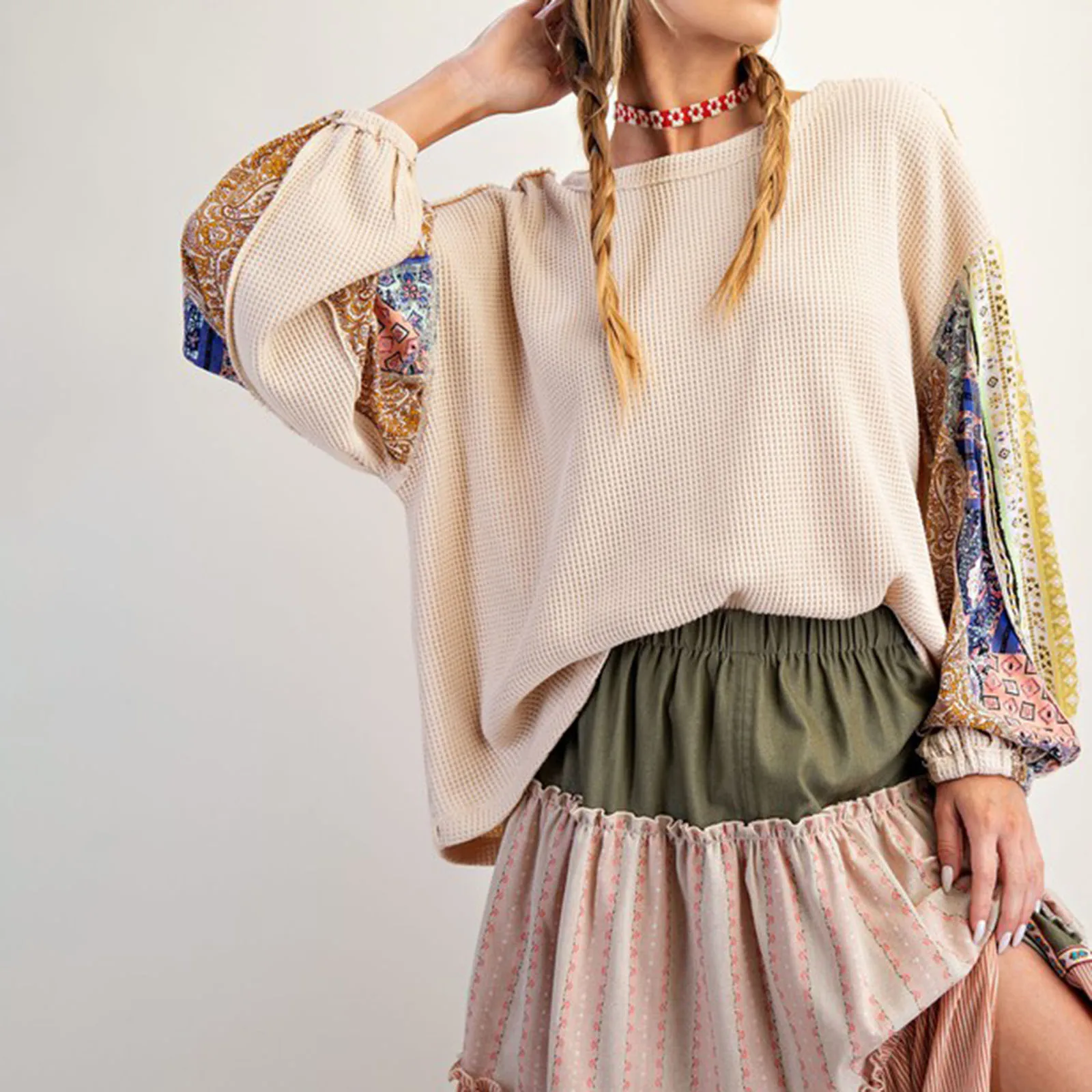 Women Sweatshirt, Long Sleeve Crew Neck Printed Patchwork Hoodie Pullover Casual Tops