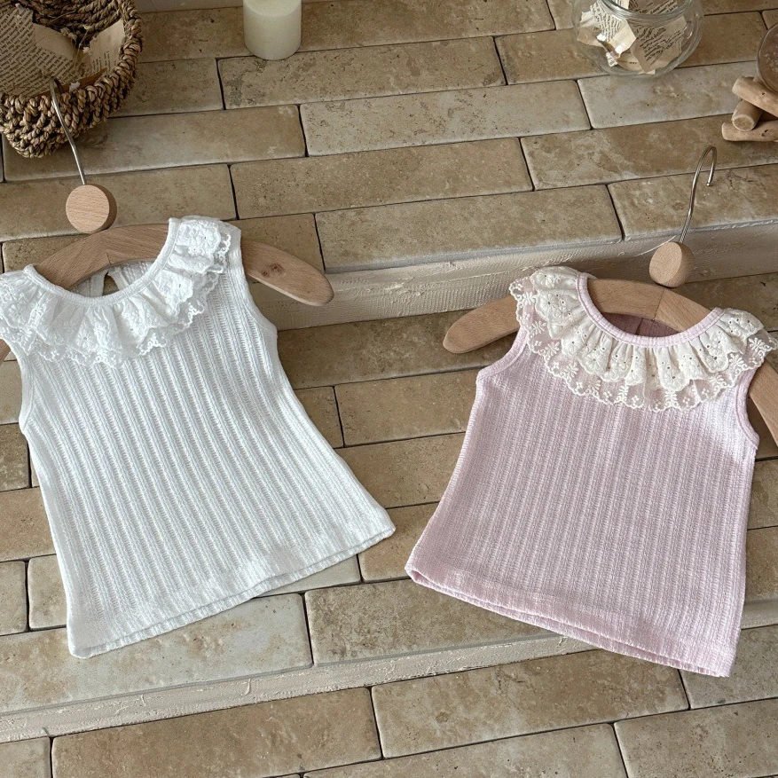 Summer Baby Double Layered Lace Lace Sweet Sleeveless Tank Top for Girls Korean and Western Style Bottom Shirt