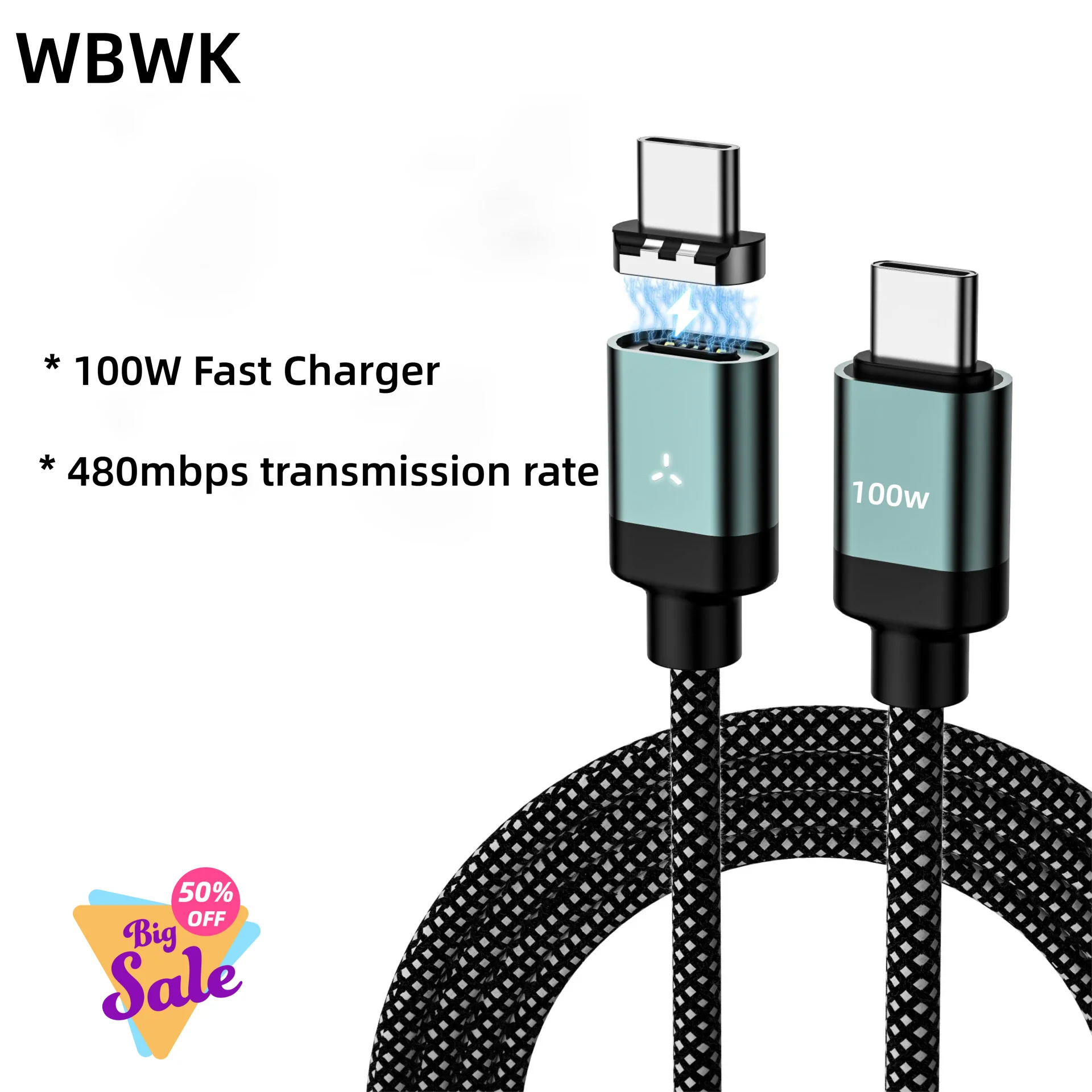 PD100W Fast Charging Magnetic Suction Data Cable Dual Type-C Charging Cable for iPhone 17 16 15 Samsung Xiaomi Huawei