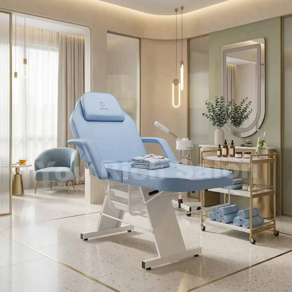 Adjustable Hydraulic Aluminum Massage Table Built-In Headrest Portable Salon Chair Stool 180 Reclining Legrest High-Density
