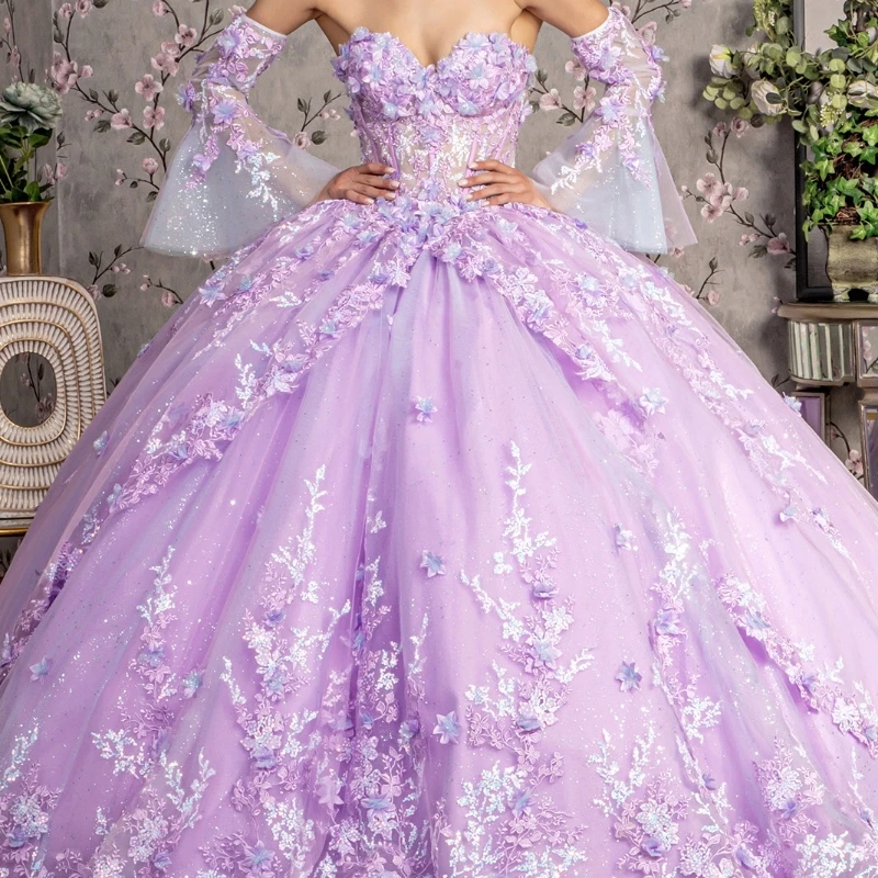 

Lilac Princess Quinceanera Dresses 3D Floral Ball Gown Off The Shoulder Sequin Applique Lace Tull Corset 15 Vestidos De XV Años