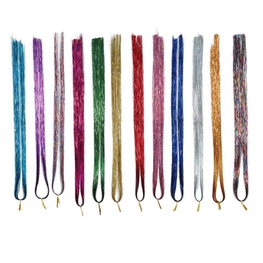 A77X Hair Tinsel Strands With Tools 12 Colors Hair Tinsel Strands Kit, Hair Extensions Glitter Shiny Silk Tinsel