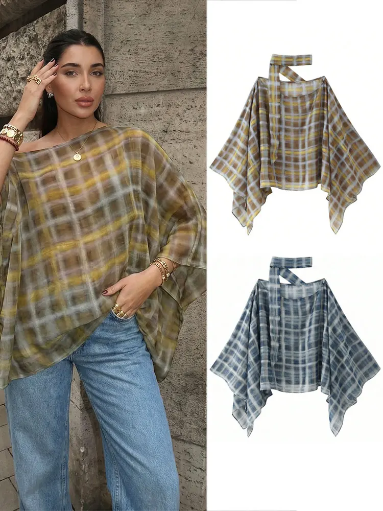 HH Damen Gelb Karierte Neckholder-Bluse mit Off-Shoulder-Design, Asymmetrischen Kurzen Ärmeln und Glatter Satin-Oberfläche – Lässiges Sommer-Streetwear-Oberteil