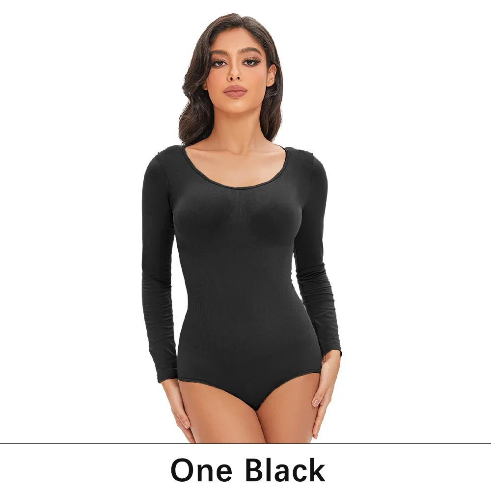 POKARLA Spandex Elastischer Bodysuit Shapewear Damen Körperformer Bauchkontrolle Langarm Offener Schritt Rundhals Nahtlose Shapewear