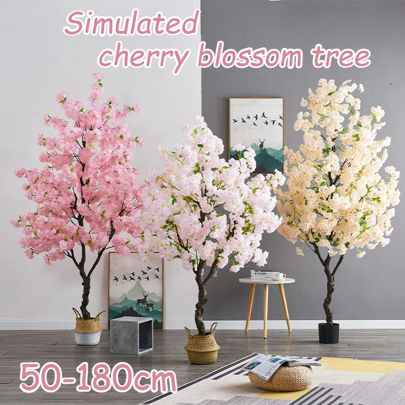 50-180cm Artificial Cherry Blossom Tree Potted Plants for Home Landscaping Decoration Fake Flower Floor-standing Potted Plants