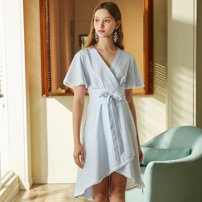 

OLrain Irregular Belted Dresses Woman 2025 Summer French Lace Striped Short Sleeve Elegant V-Neck Wrap Dress Female 9XLB20595