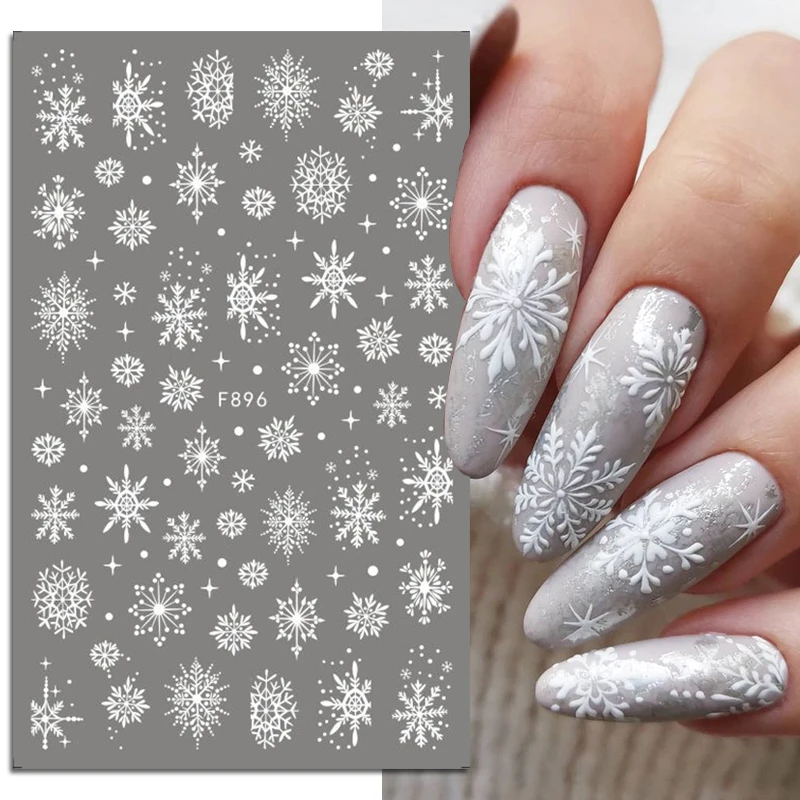 3D Snowflake Nail Stickers White Christmas Designs Self Adhesive Decals New Year Winter UV Gel Foils Sliders Nail Art Decoration