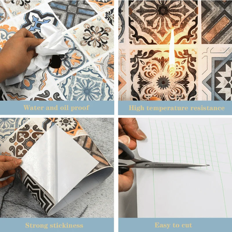 3D Vinyl Peel and Stick Wallpaper Oil Proof Waterproof Removable, Ceramic Tile Geometric Pattern Wall Sticker for Kitchen Decor