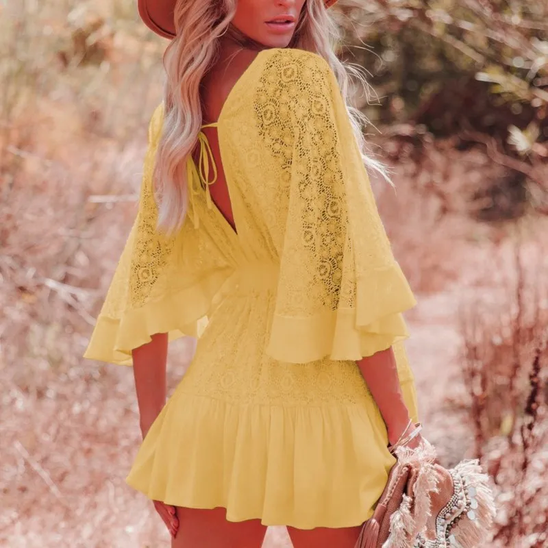 White Lace Tunic Beach Cover-ups Mini Dress For Women yellow Half Sleeve Bodycon Elegant Lady Clothing Ropa Mujer Short Dresses