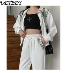 Exquisite Rhinestone Zipper Sweatshirt Coat Cardigan Women Tracksuit Fall 2023 New High Waist Casual Pants Sports Two-Piece Set