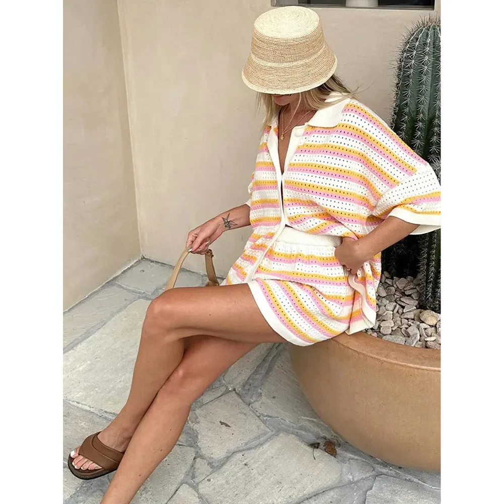 Contrast Striped Knit 2 Piece-set Women Fashion Single Breasted Lapel Cardigan Crochet Tops Shorts Sets 2024 Lady Casual Outfits