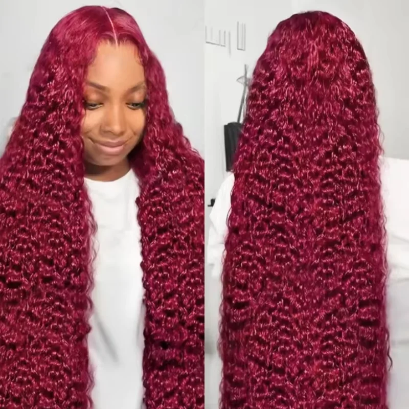 Parrucca frontale in pizzo trasparente HD 200 densità 13x6 13x4 36 pollici 99j parrucche per capelli umani onda profonda color bordeaux per le donne